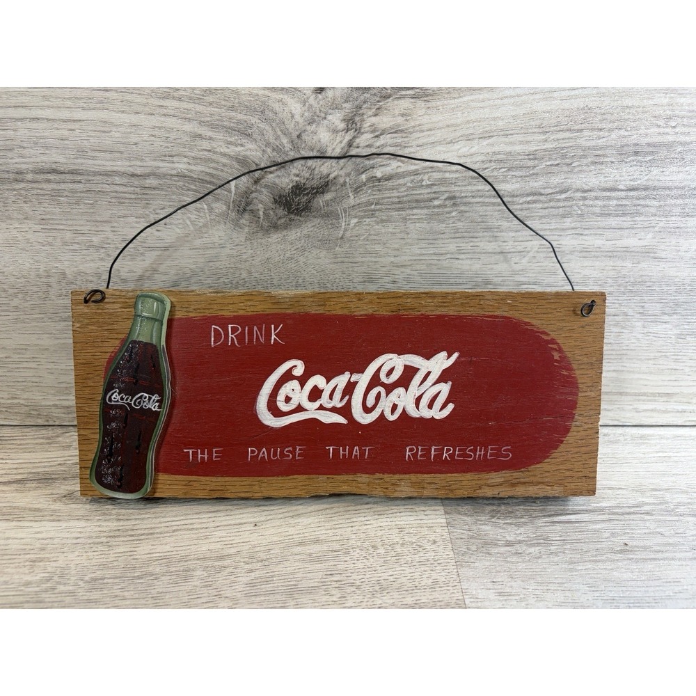 Vintage Coca Cola Small Wooden Sign Wire Hanger Decor Coke